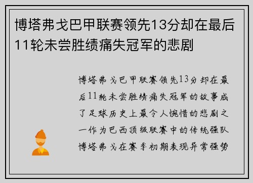 博塔弗戈巴甲联赛领先13分却在最后11轮未尝胜绩痛失冠军的悲剧