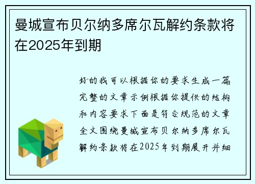 曼城宣布贝尔纳多席尔瓦解约条款将在2025年到期